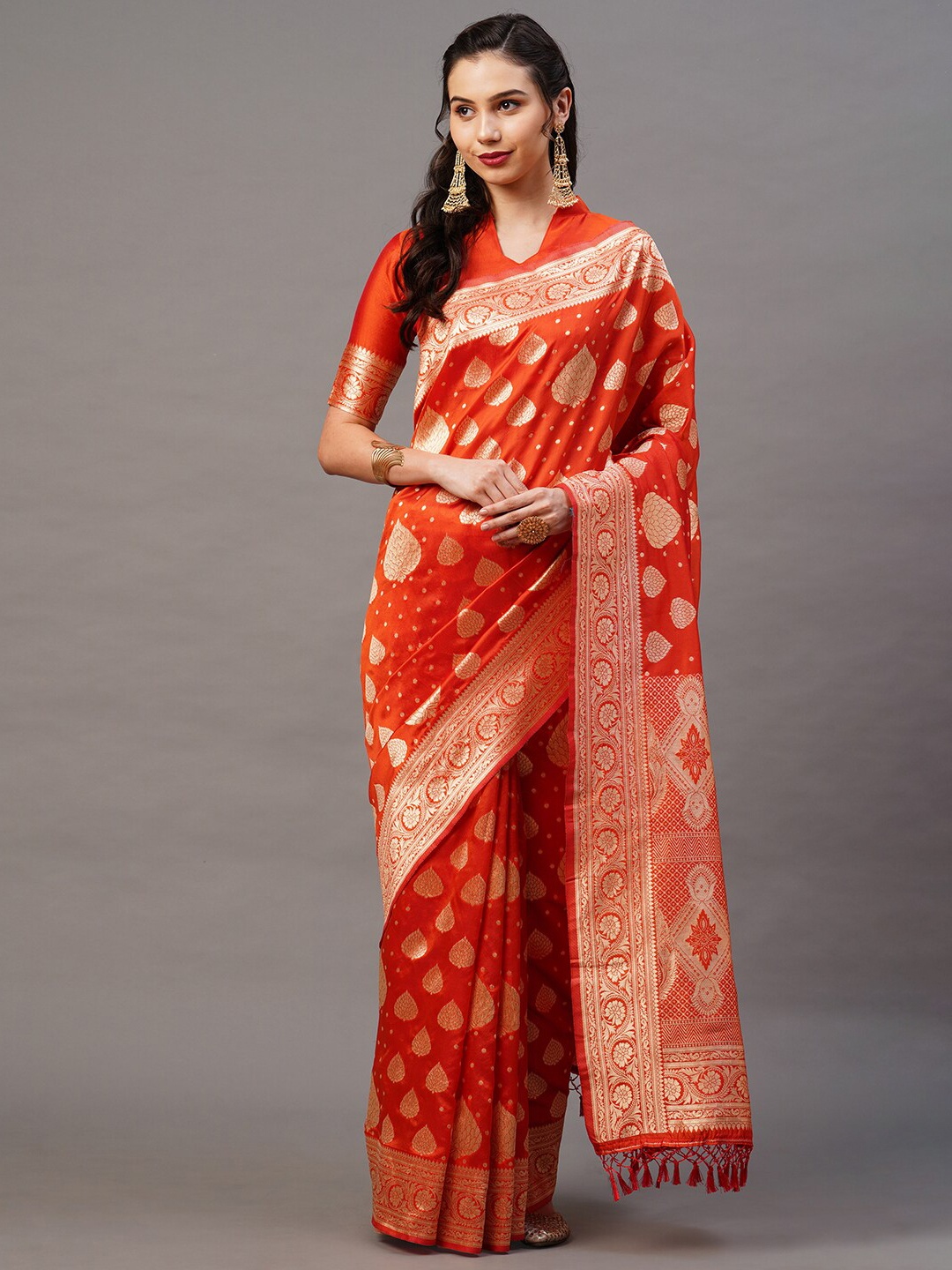 

Mitera Orange & Gold Ethnic Motifs Silk Blend Banarasi Saree