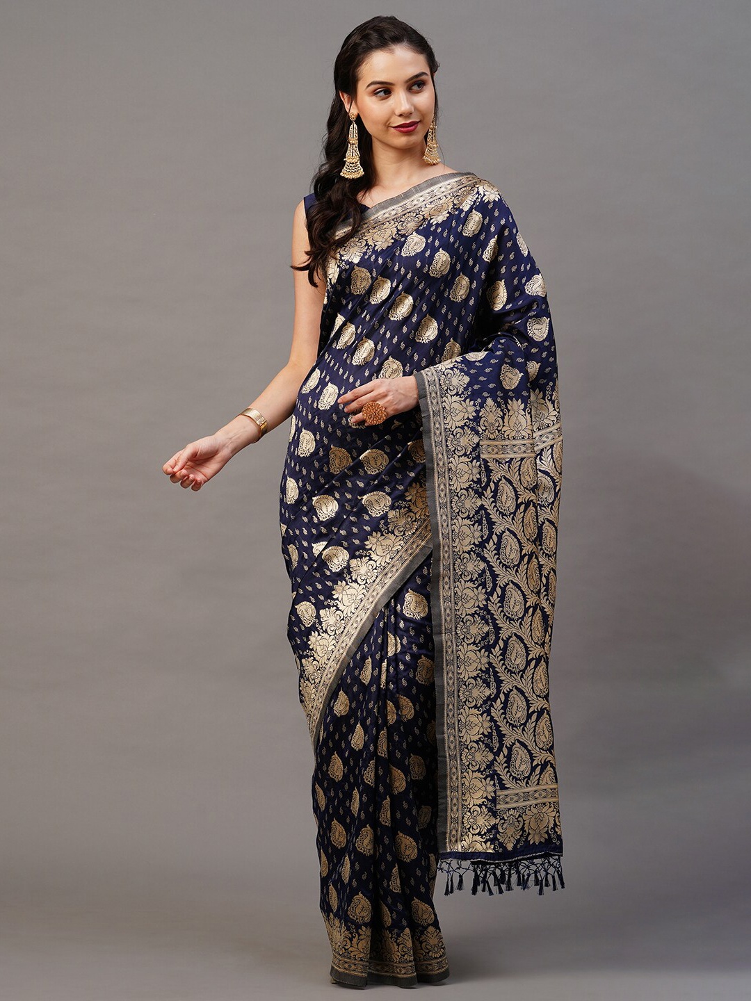 

Mitera Navy Blue & Gold Ethnic Motifs Zari Silk Blend Banarasi Saree