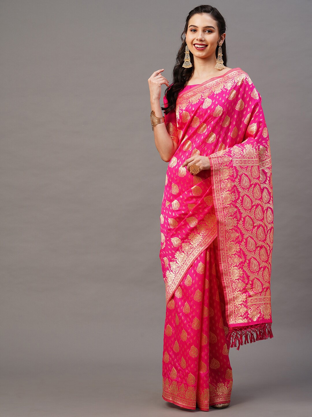 

Mitera Pink & Gold Ethnic Motifs Silk Blend Banarasi Saree