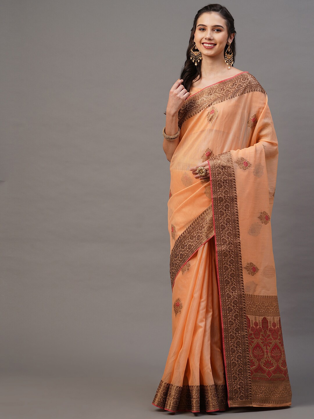 

Mitera Peach-Coloured & Red Ethnic Motifs Silk Blend Banarasi Saree