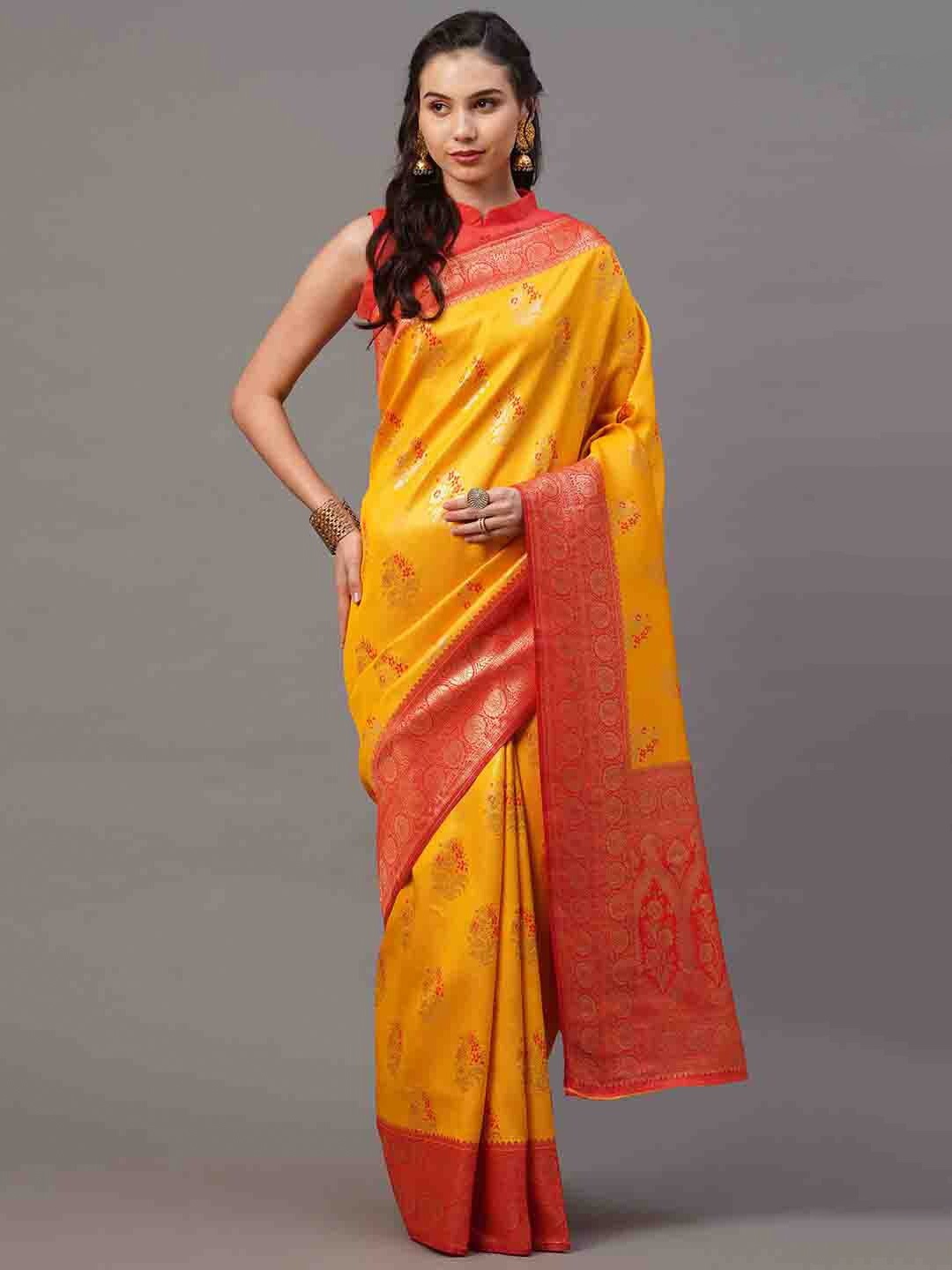 

Mitera Yellow & Red Floral Banarasi Saree