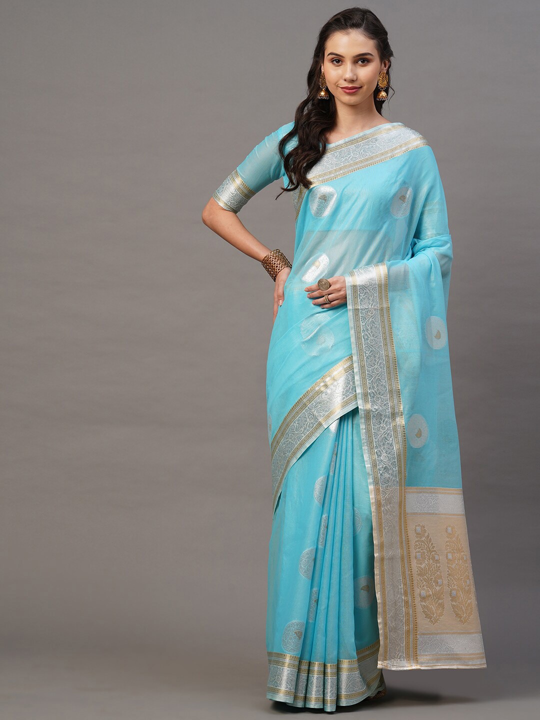 

Mitera Blue & Silver-Toned Floral Banarasi Saree