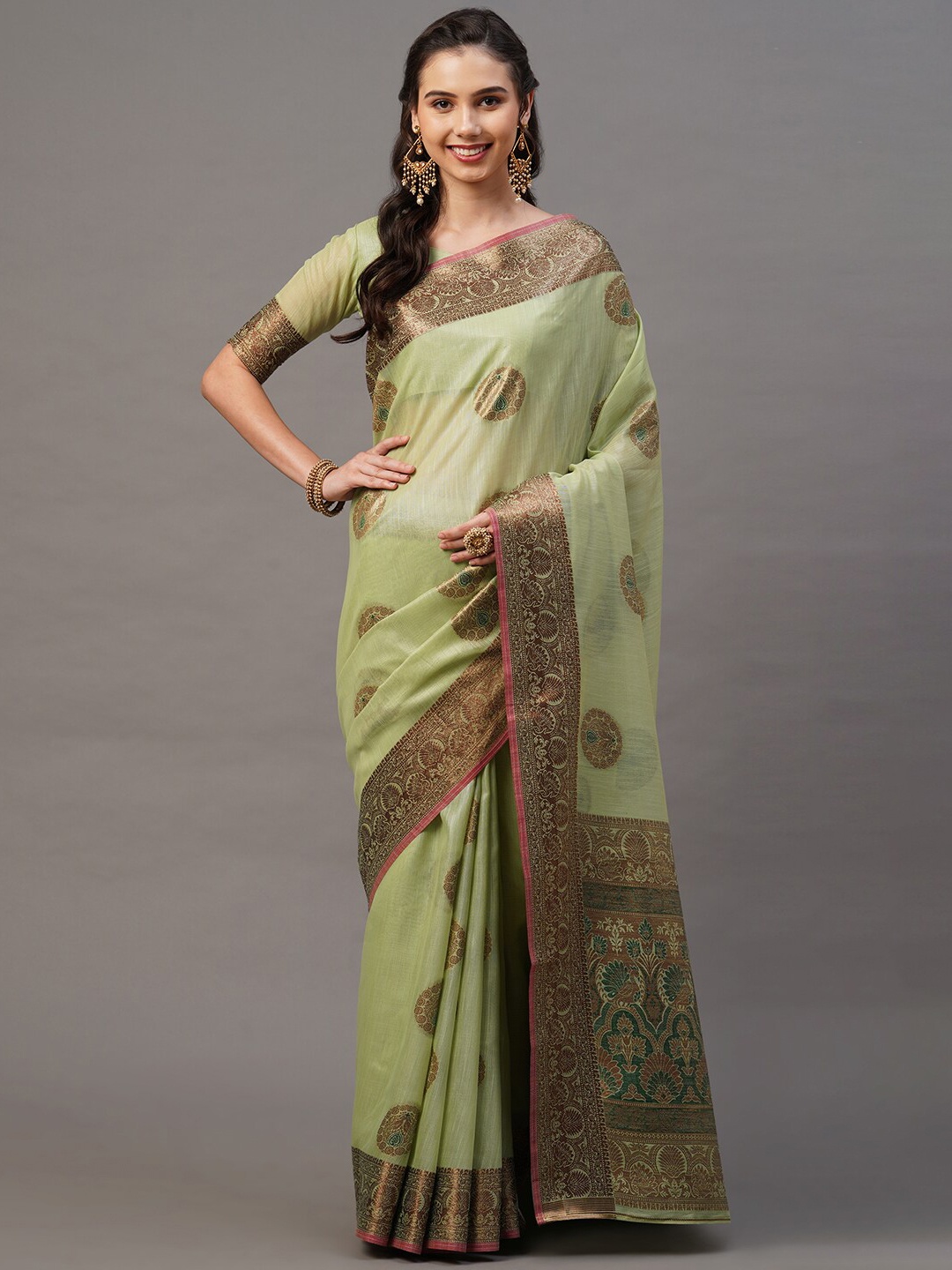 

Mitera Green & Red Woven Design Zari Banarasi Saree