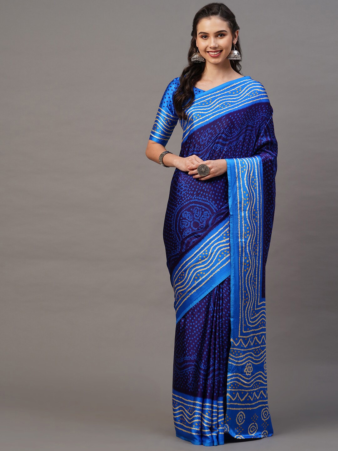 

Mitera Navy Blue Bandhani Printed Saree