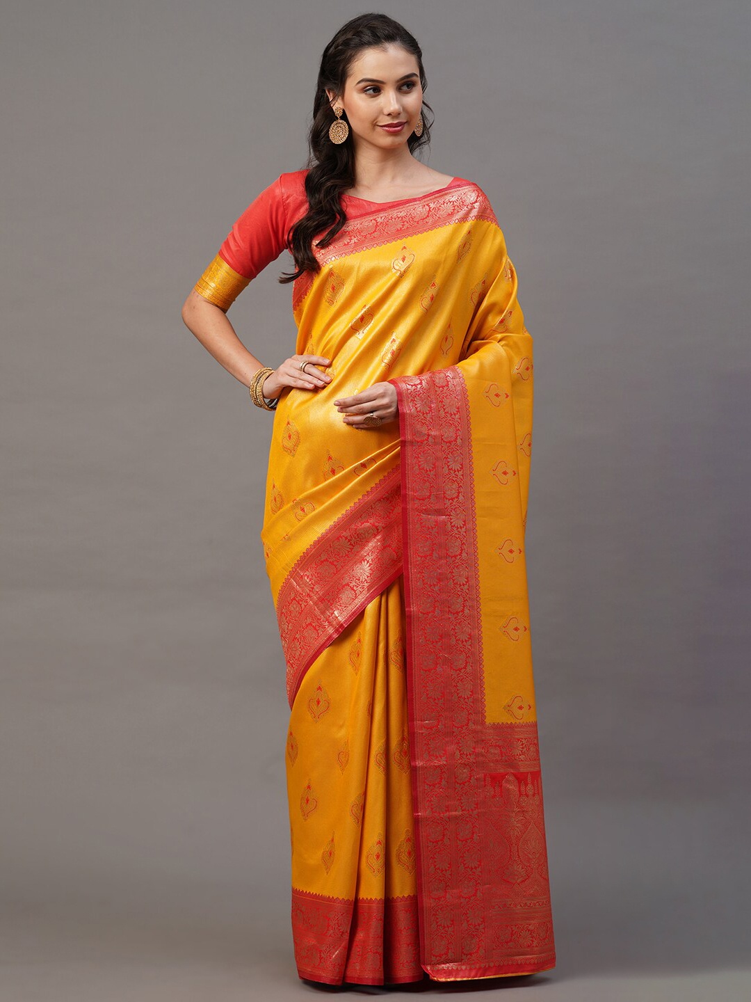 

Mitera Yellow & Red Woven Design Floral Banarasi Saree