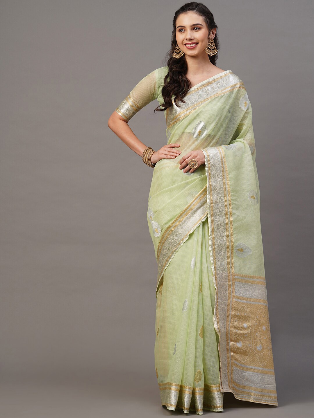 

Mitera Green Floral Woven Design Banarasi Saree