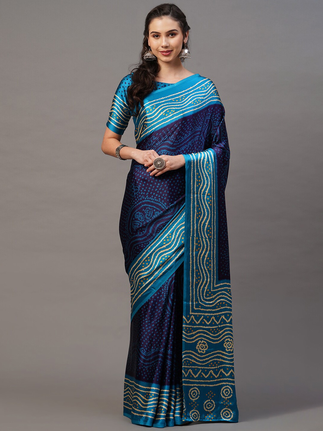 

Mitera Navy Blue & Teal Bandhani Printed Saree