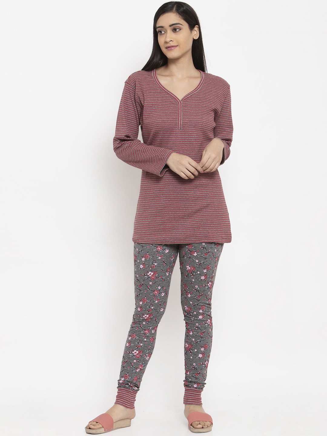 

Wolfpack Women Grey & Red Striped Night suit