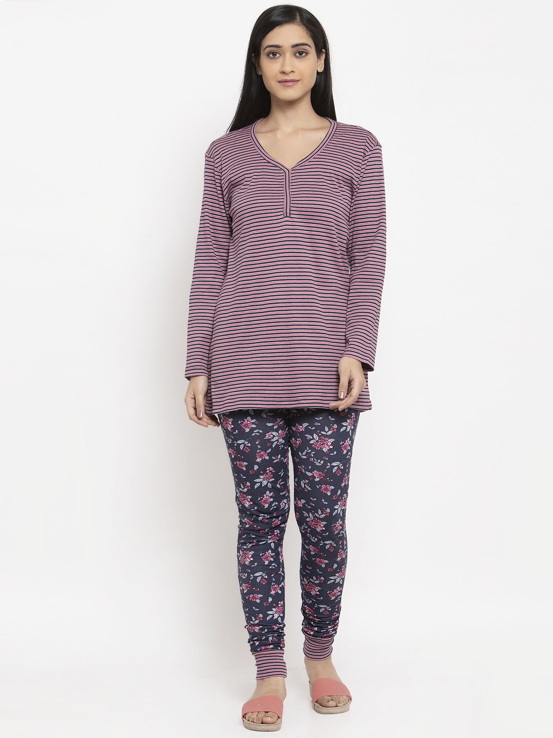 

Wolfpack Women Navy Blue & Pink Striped Pure Cotton Night Suit