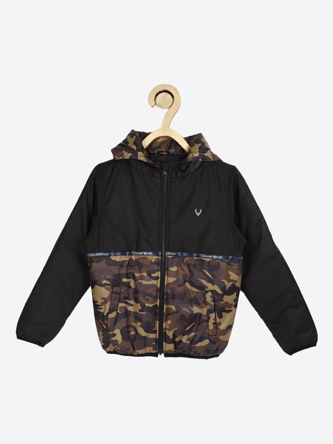 

Allen Solly Junior Boys Black & Brown Camouflage Printed Hooded Padded Jacket