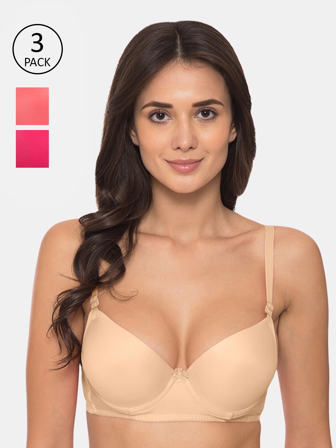 

Tweens Pack Of 3 Beige & Pink Solid T-Shirt Bras - Underwired Heavily Padded