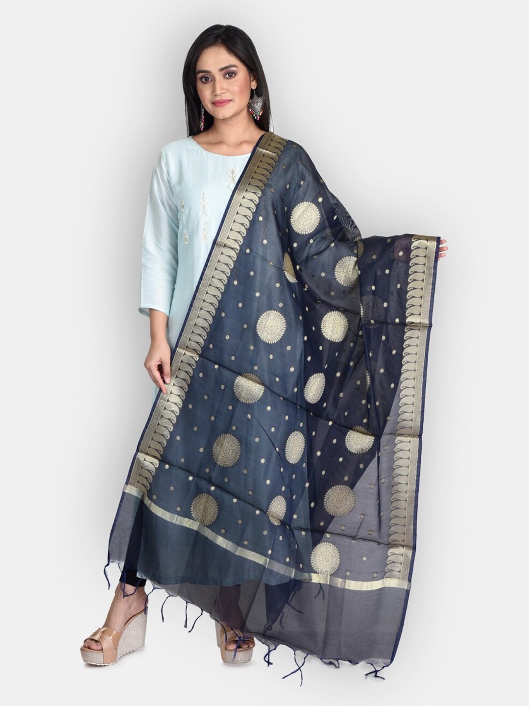 

Sanwara Navy Blue & Gold-Toned Woven Design Pure Silk Zari Dupatta