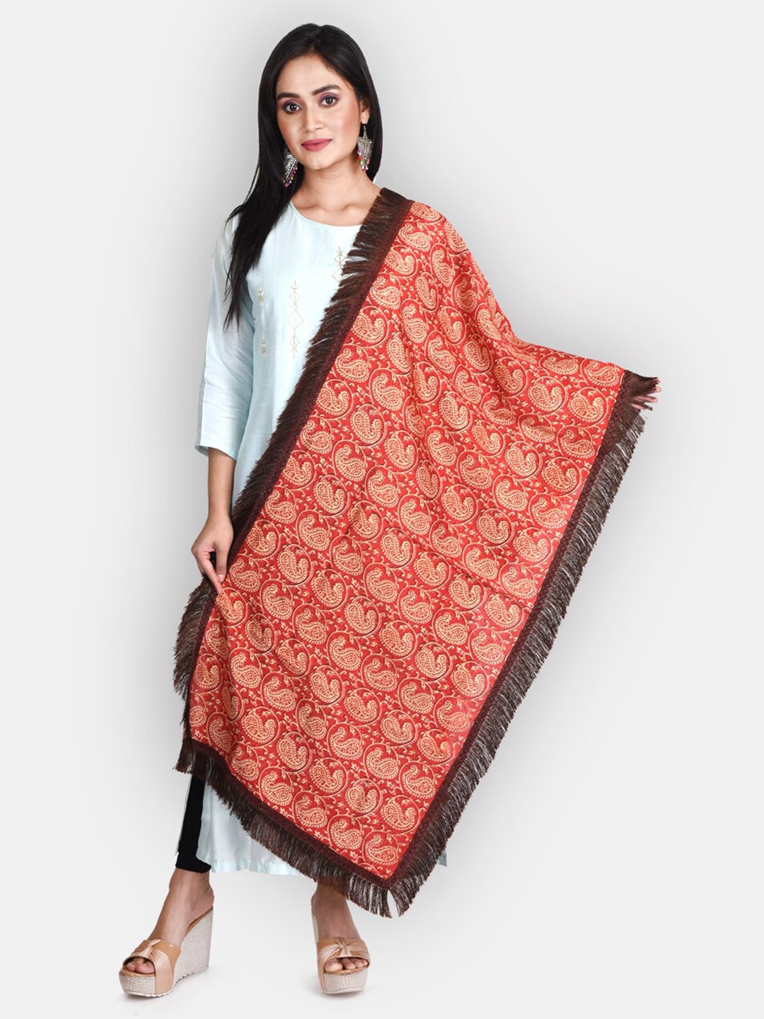 

Sanwara Maroon & Beige Paisley Printed Organza Dupatta