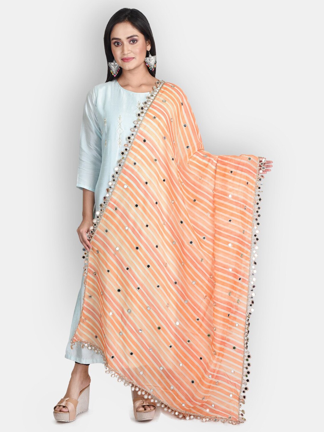 

Sanwara Orange Embroidered Organza Dupatta with Mirror Work