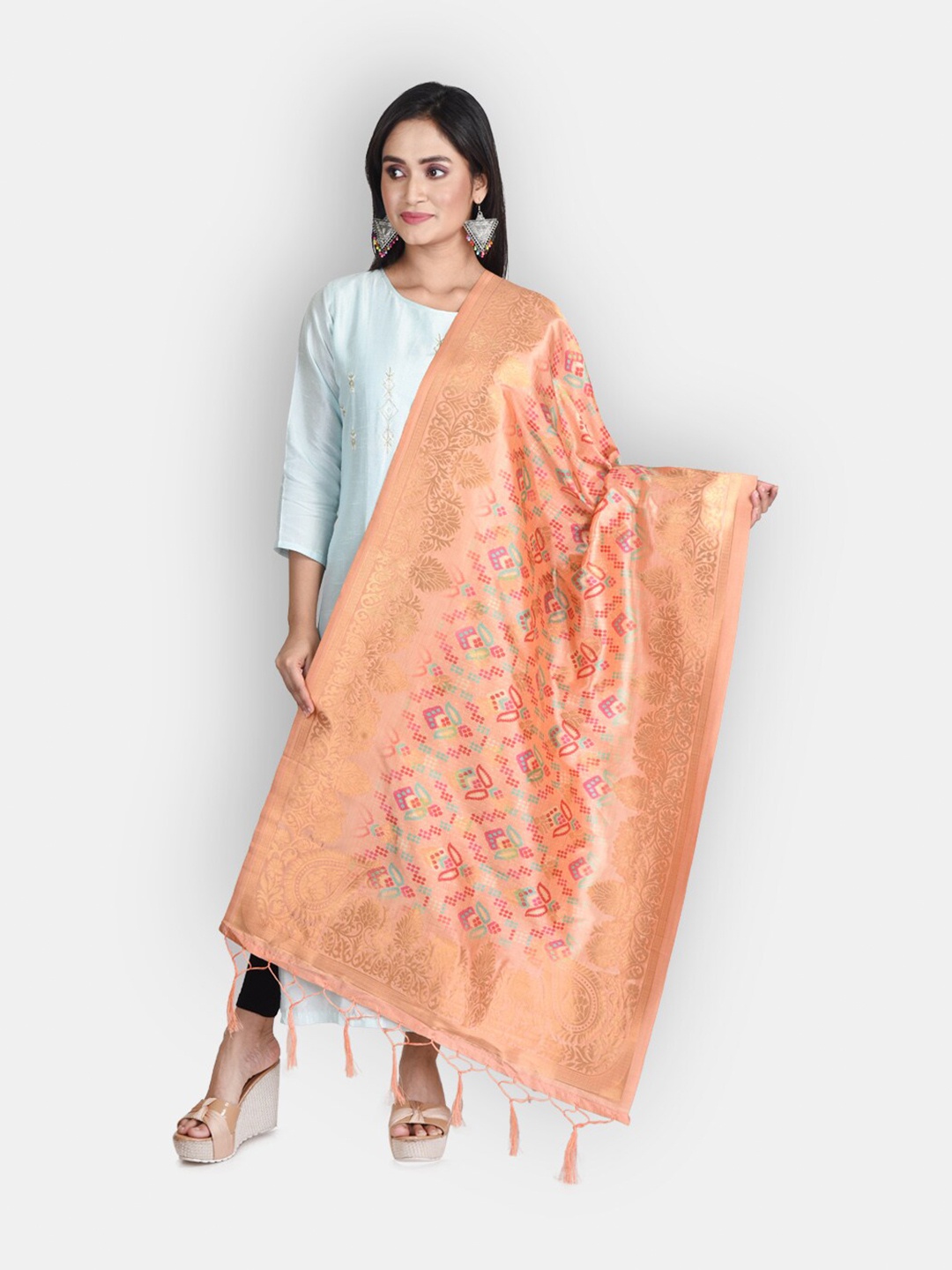 

Sanwara Orange Woven Design Pure Silk Dupatta with Zari