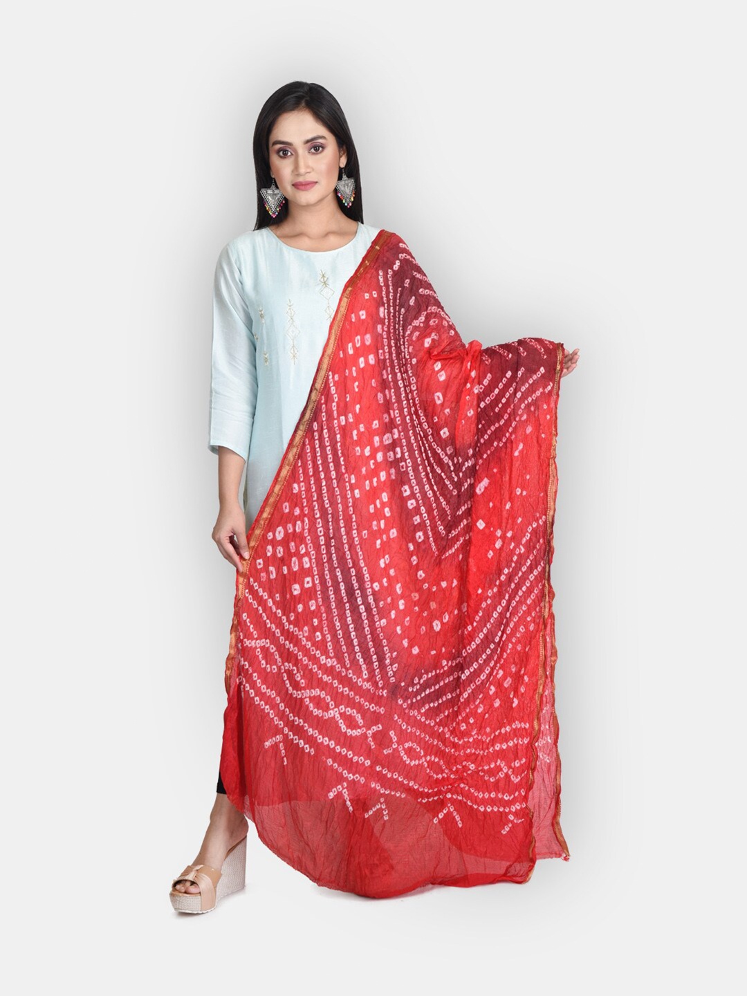 

Sanwara Red & White Bandhani Printed Pure Silk Dupatta