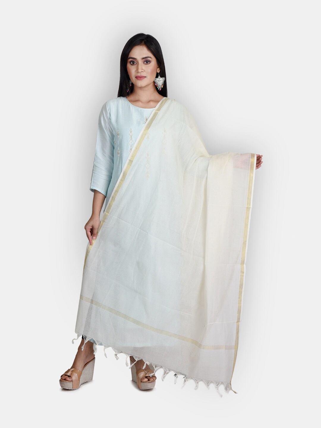 

Sanwara White & Beige Woven Design Linen Dupatta with Zari Work