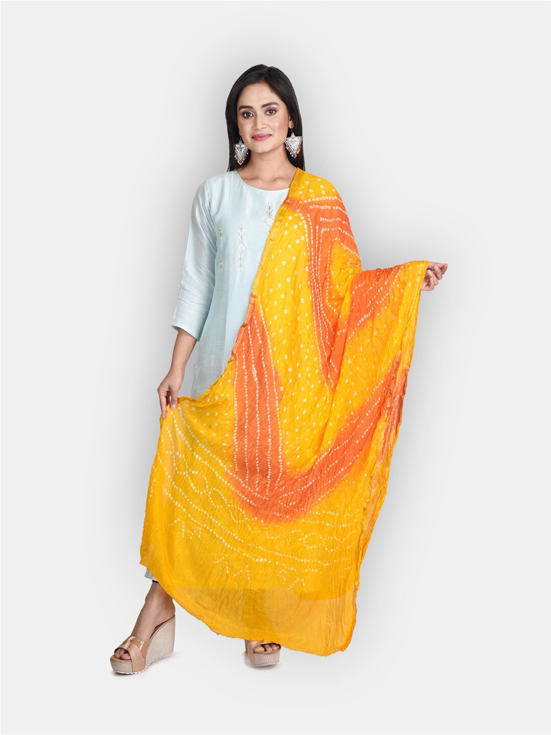 

Sanwara Yellow & Orange Bandhani Printed Pure Silk Dupatta