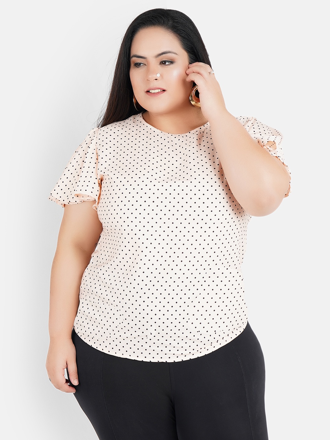 

Indietoga Plus Size Peach-Coloured Ruffles Crepe Regular Top