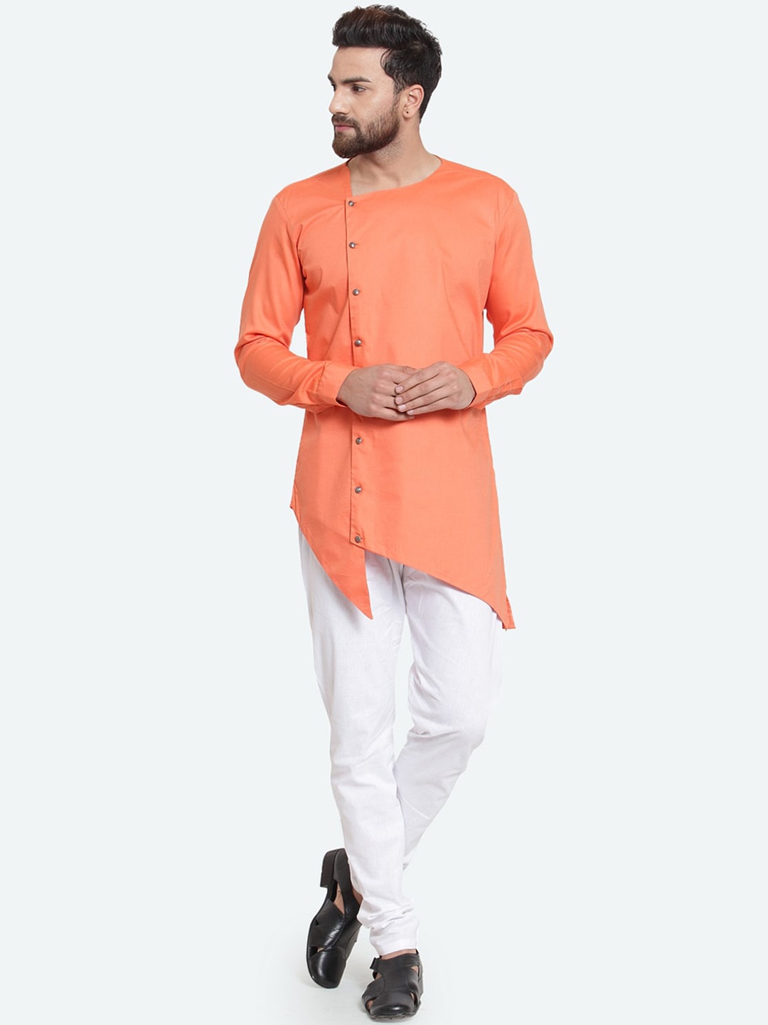 

RG DESIGNERS Men Peach-Coloured Angrakha Pure Cotton Kurta with Pyjamas