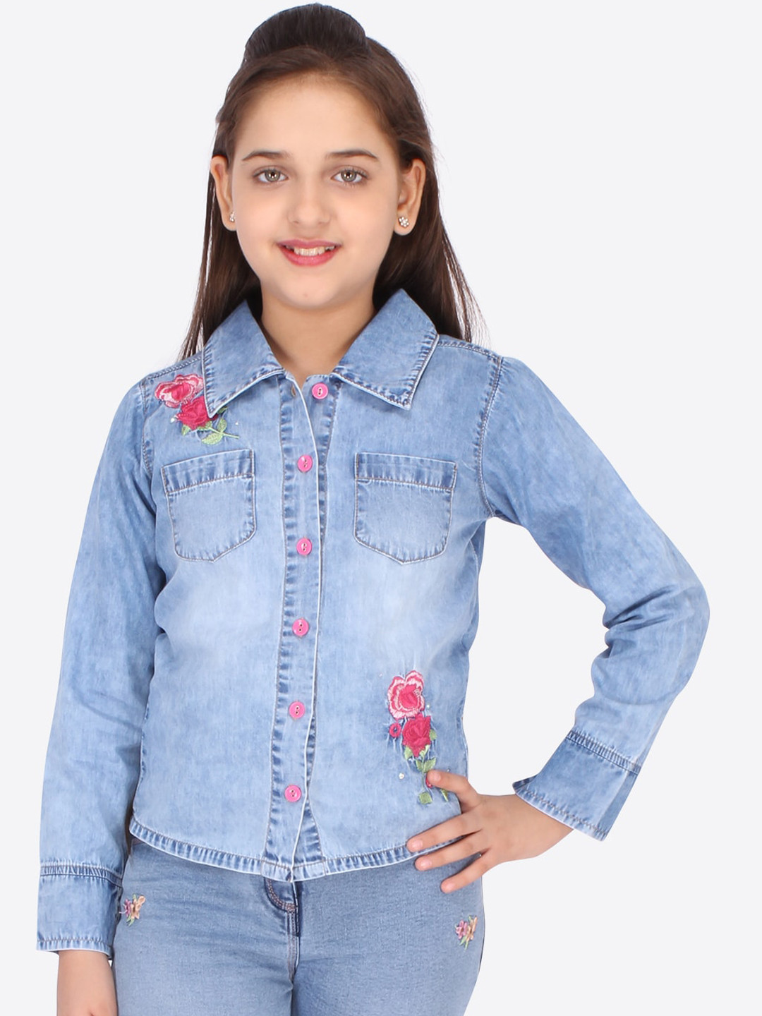 

CUTECUMBER Girls Blue & Red Floral Embroidered Faded Denim Casual Shirt