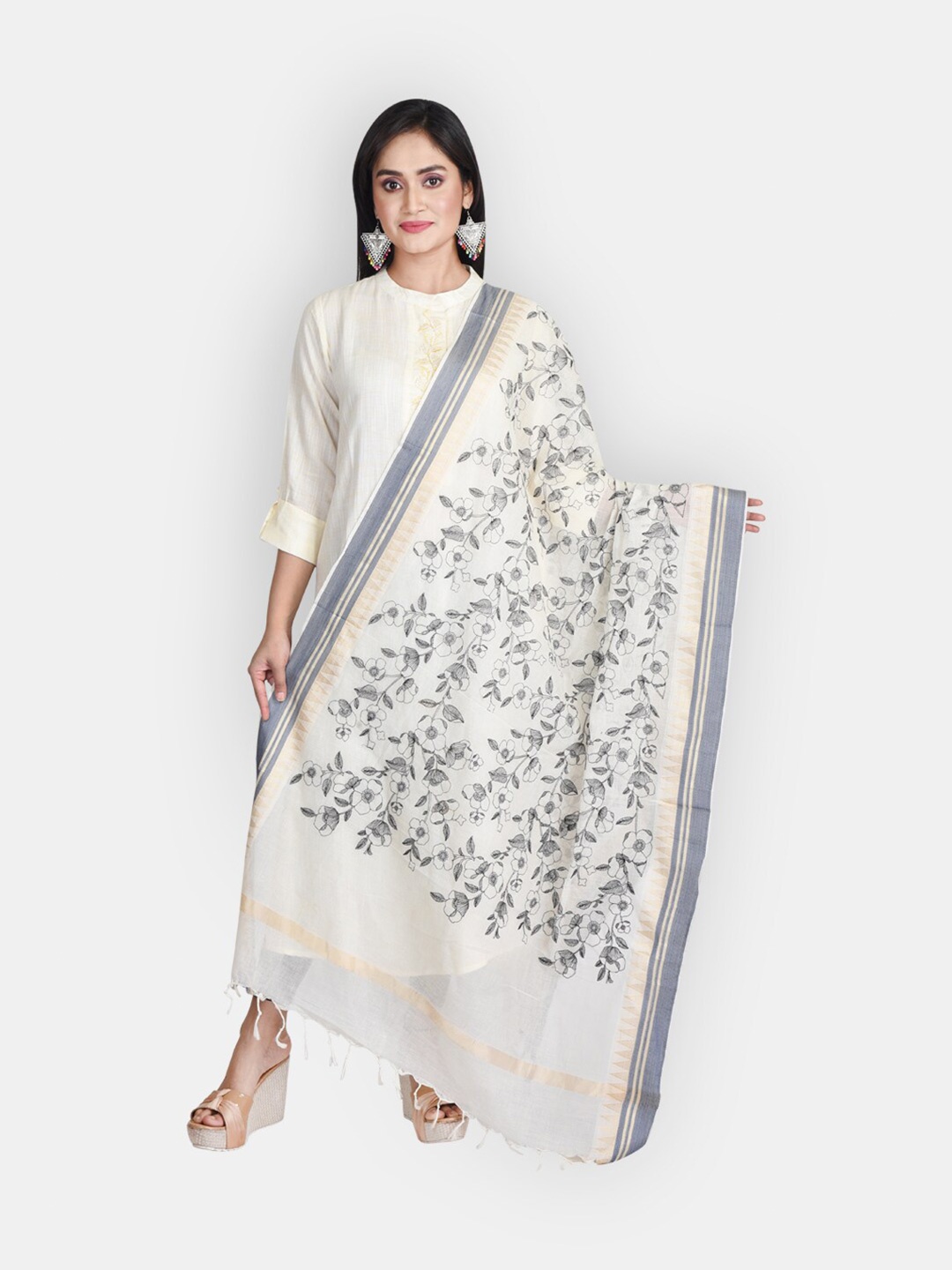 

Sanwara Women Off White & Grey Floral Embroidered Pure Cotton Dupatta