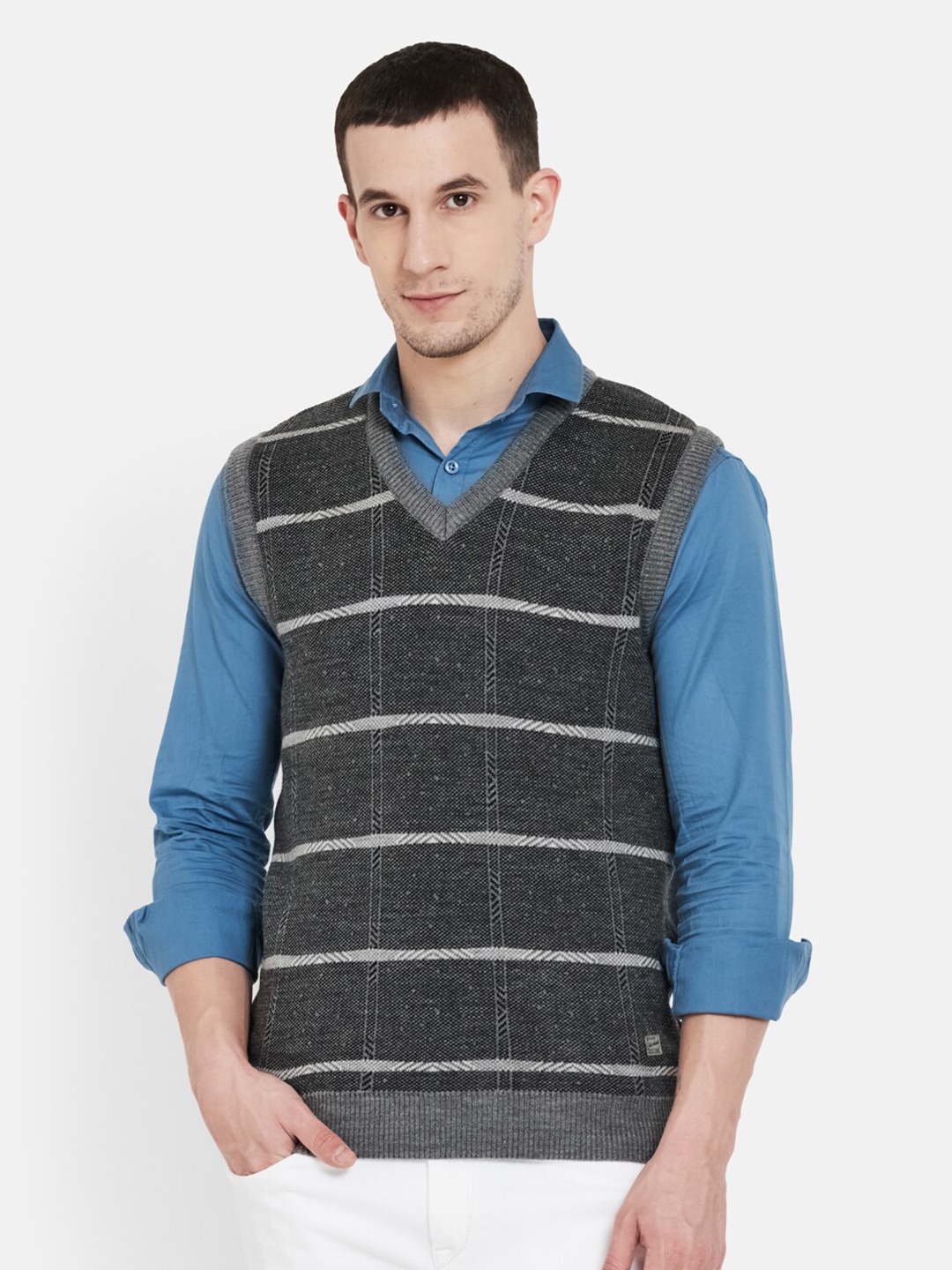 

Duke Men Grey & Charcoal Striped Sweater Vest