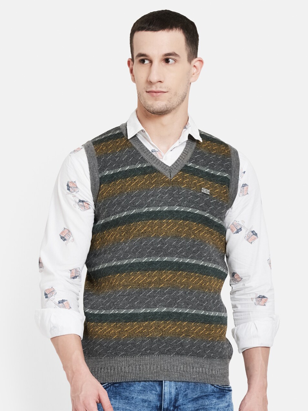 

Duke Men Grey & Mustard Striped Sweater Vest