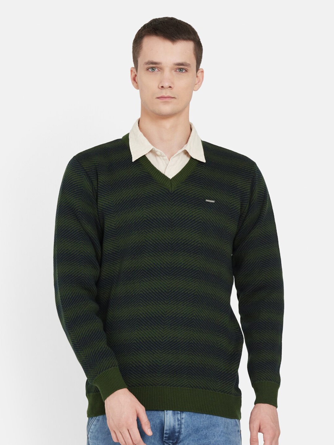

Duke Men Olive Green & Navy Blue Striped Pullover