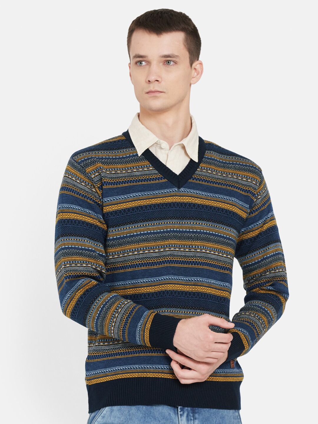 

Duke Men Navy Blue & Yellow Striped Full Sleeves Pullover