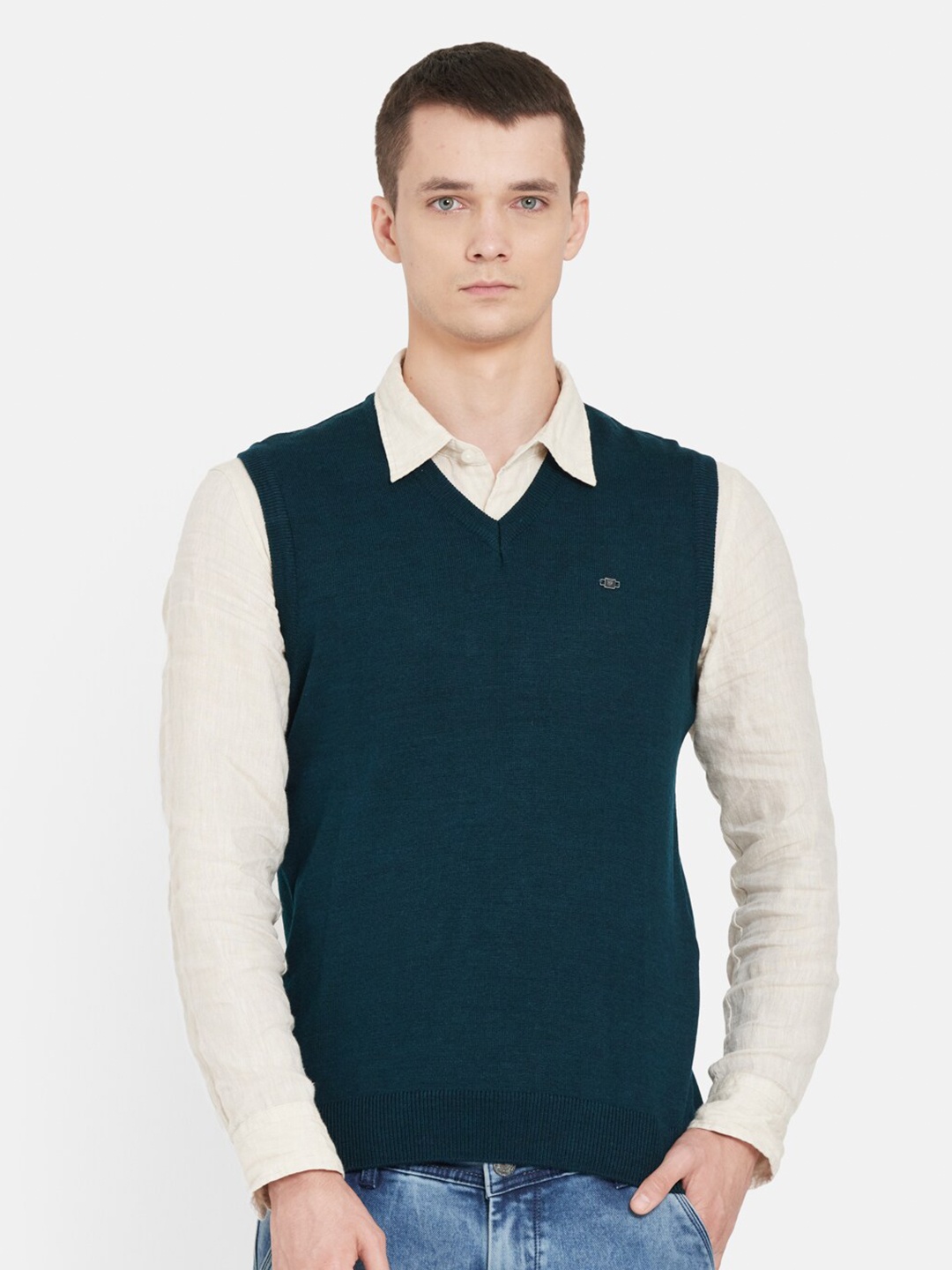 

Duke Men Teal Solid Sweater Vest