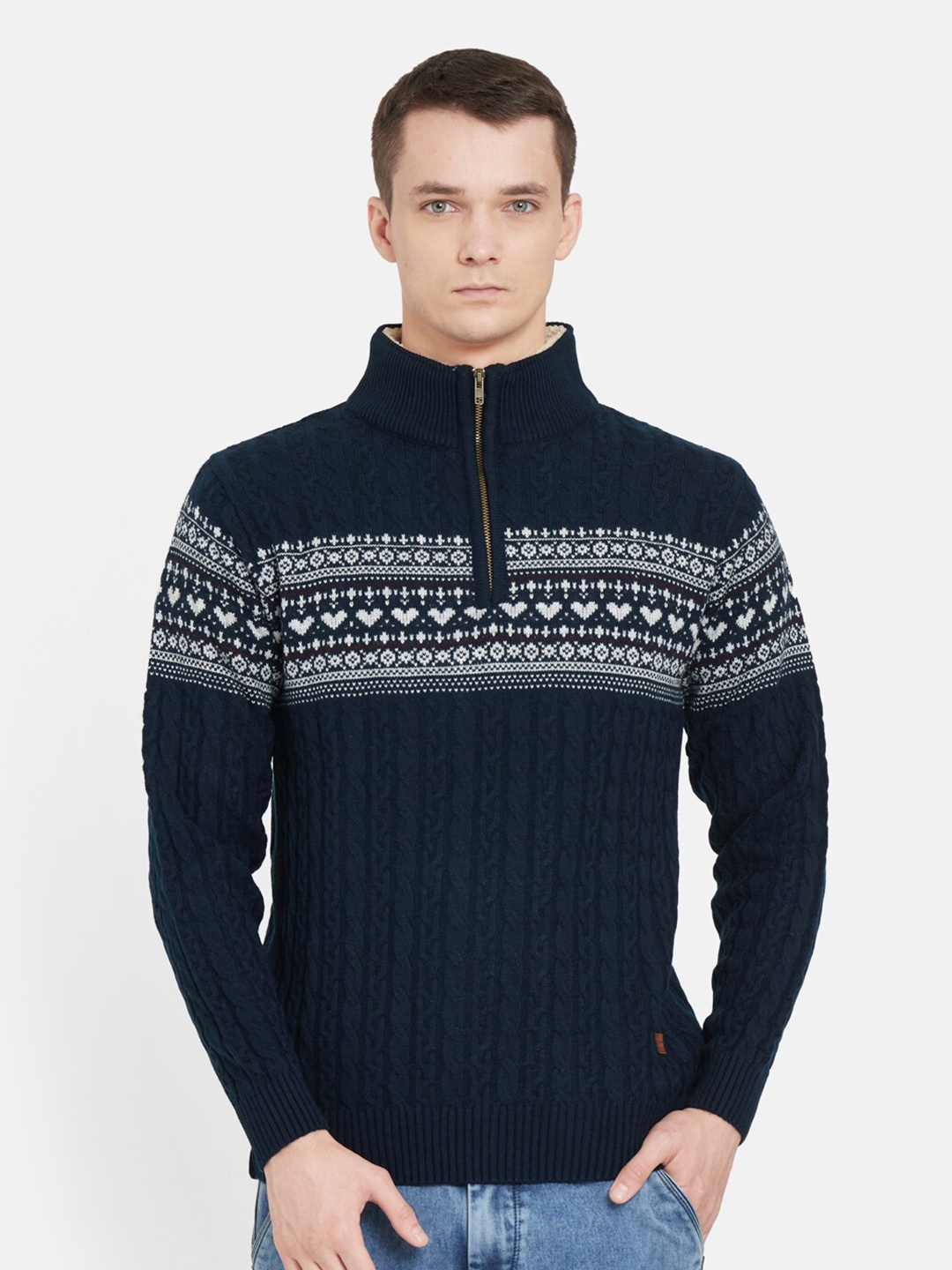 

Duke Men Blue & White Cable Knit Printed Front-Open Sweater With Zip Detail