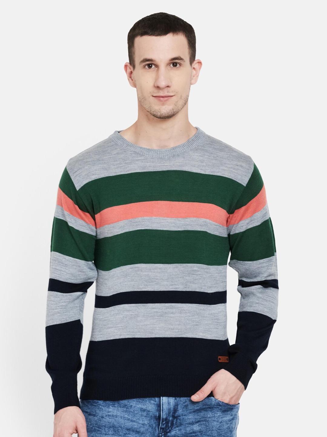 

Duke Men Grey & Green Colourblocked Striped Pullover