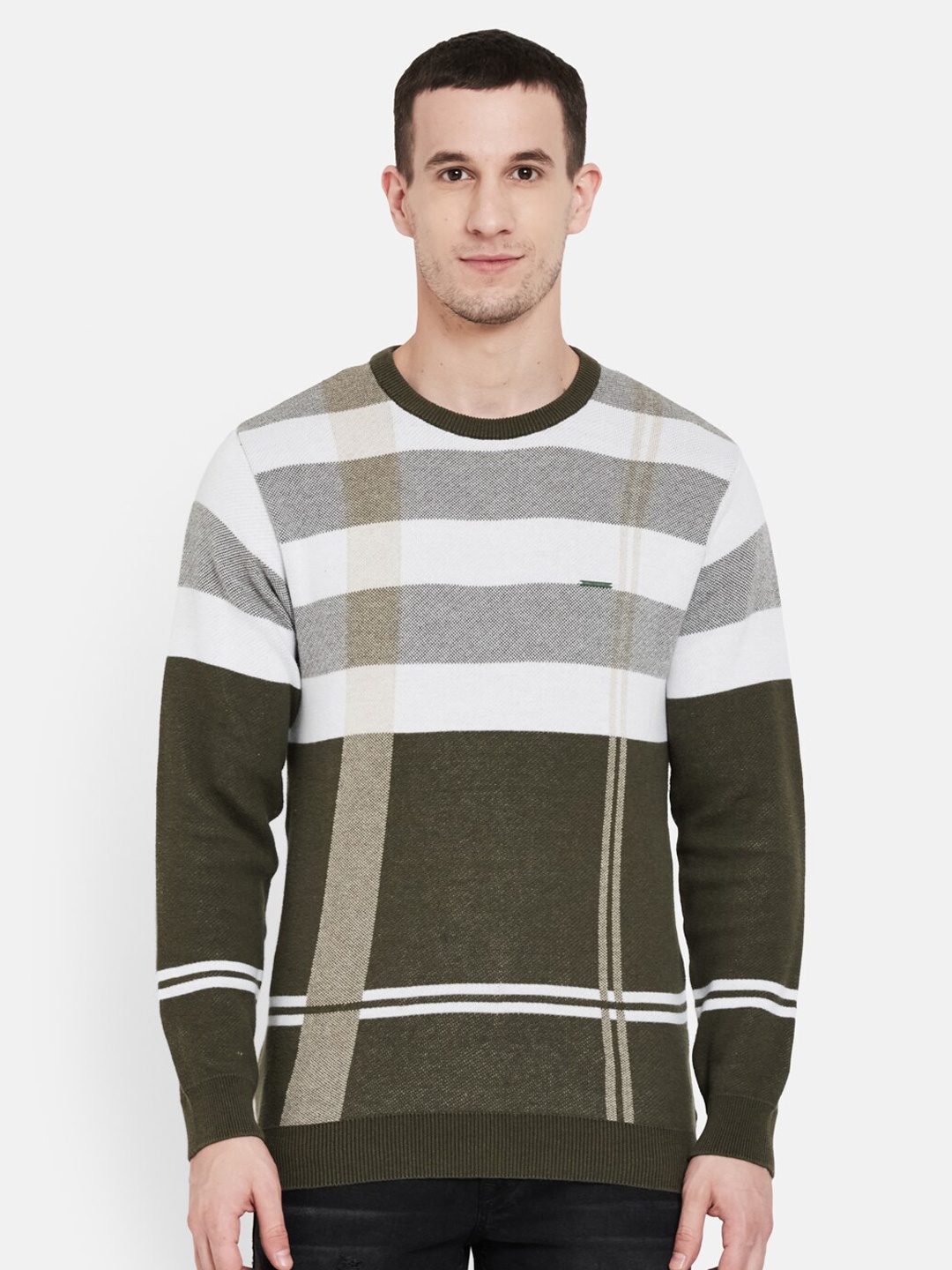 

Duke Men Olive Green & White Colourblocked Pullover