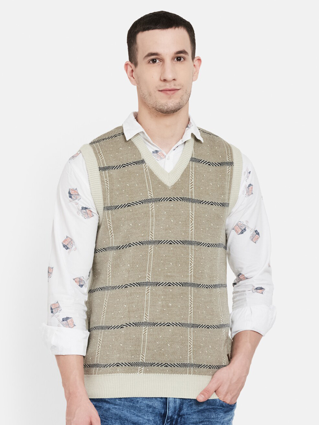 

Duke Men Beige & Black Checked Sweater Vest