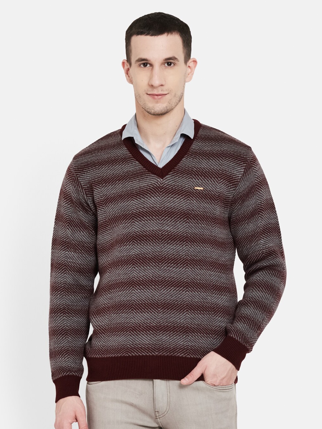 

Duke Men Maroon & Grey Striped Full Sleeves Pullover