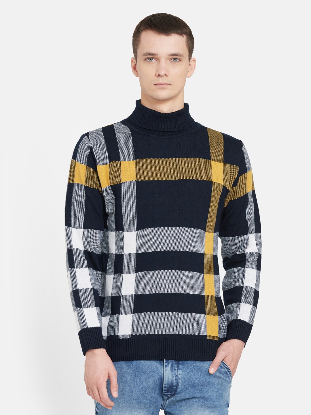 

Duke Men Navy Blue & White Checked Pullover