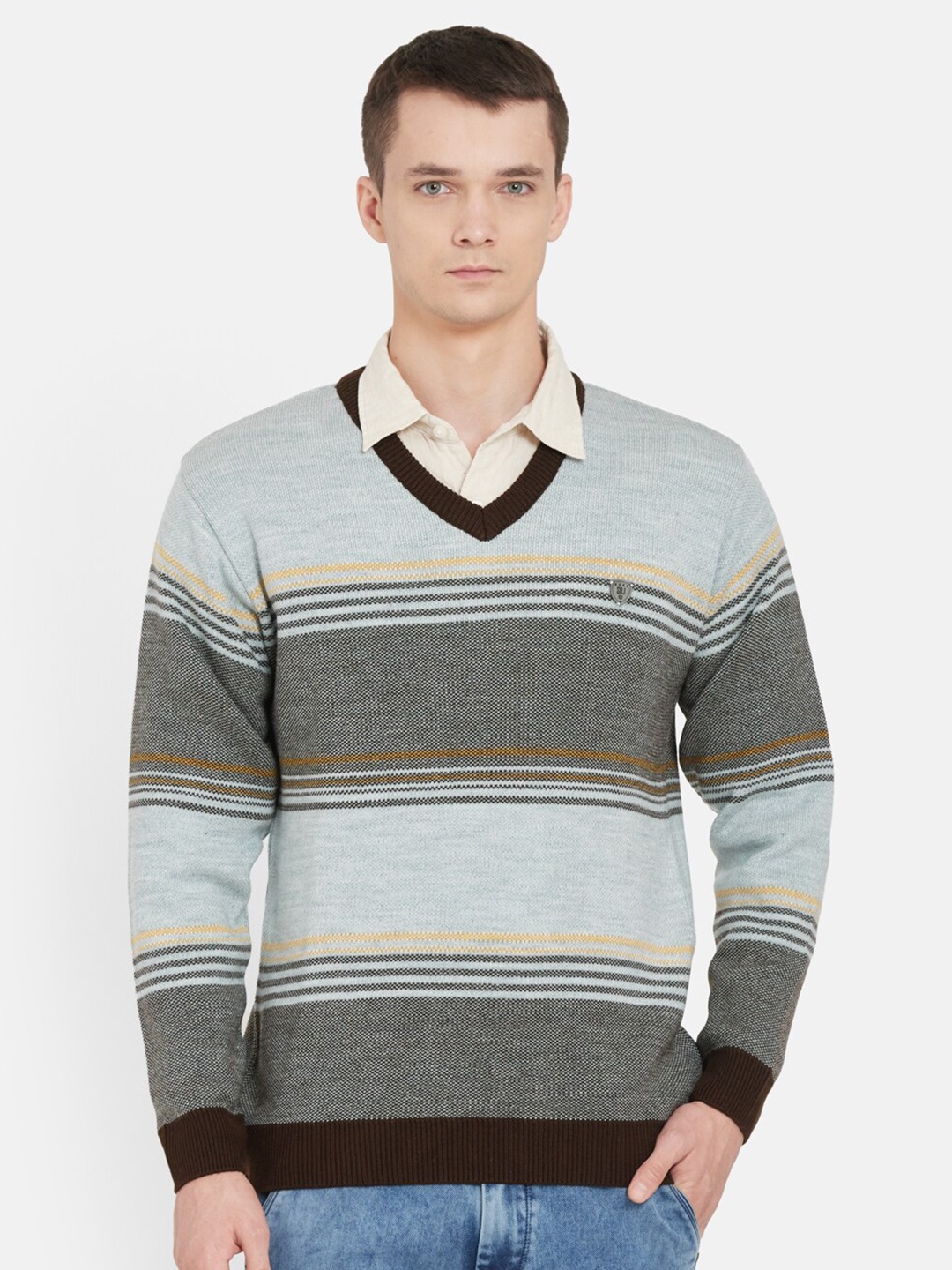 

Duke Men Grey & Brown Striped Full Sleeves Pullover