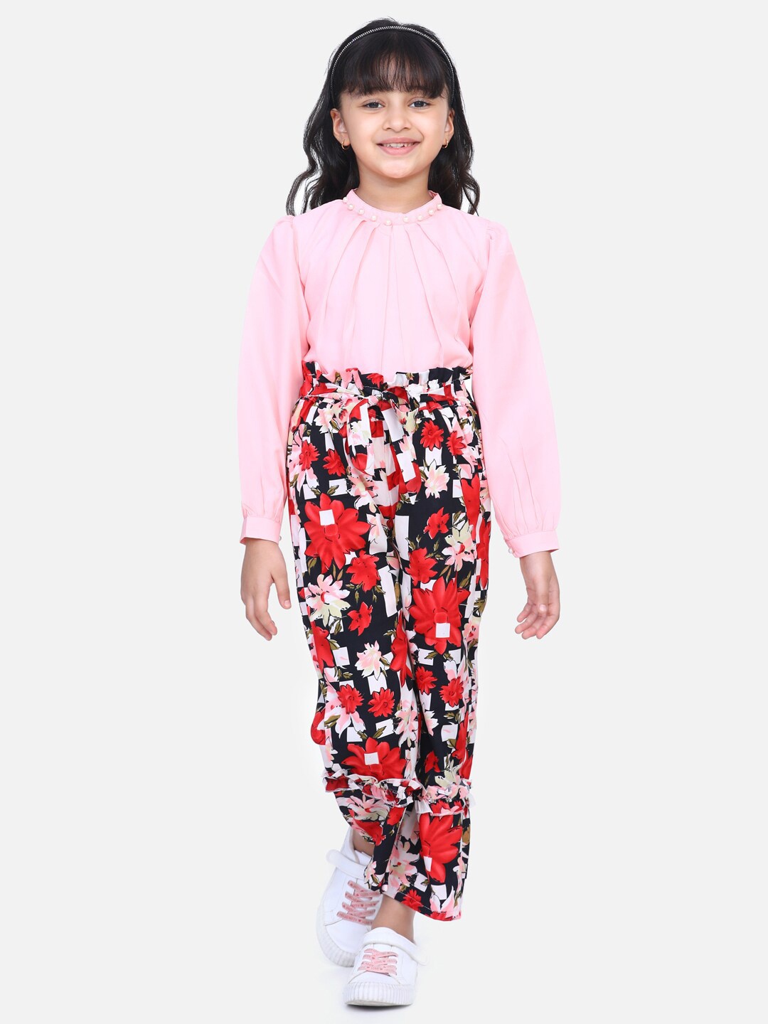 

Cutiekins Girls Peach-Coloured & Red Embellished Top with Palazzos