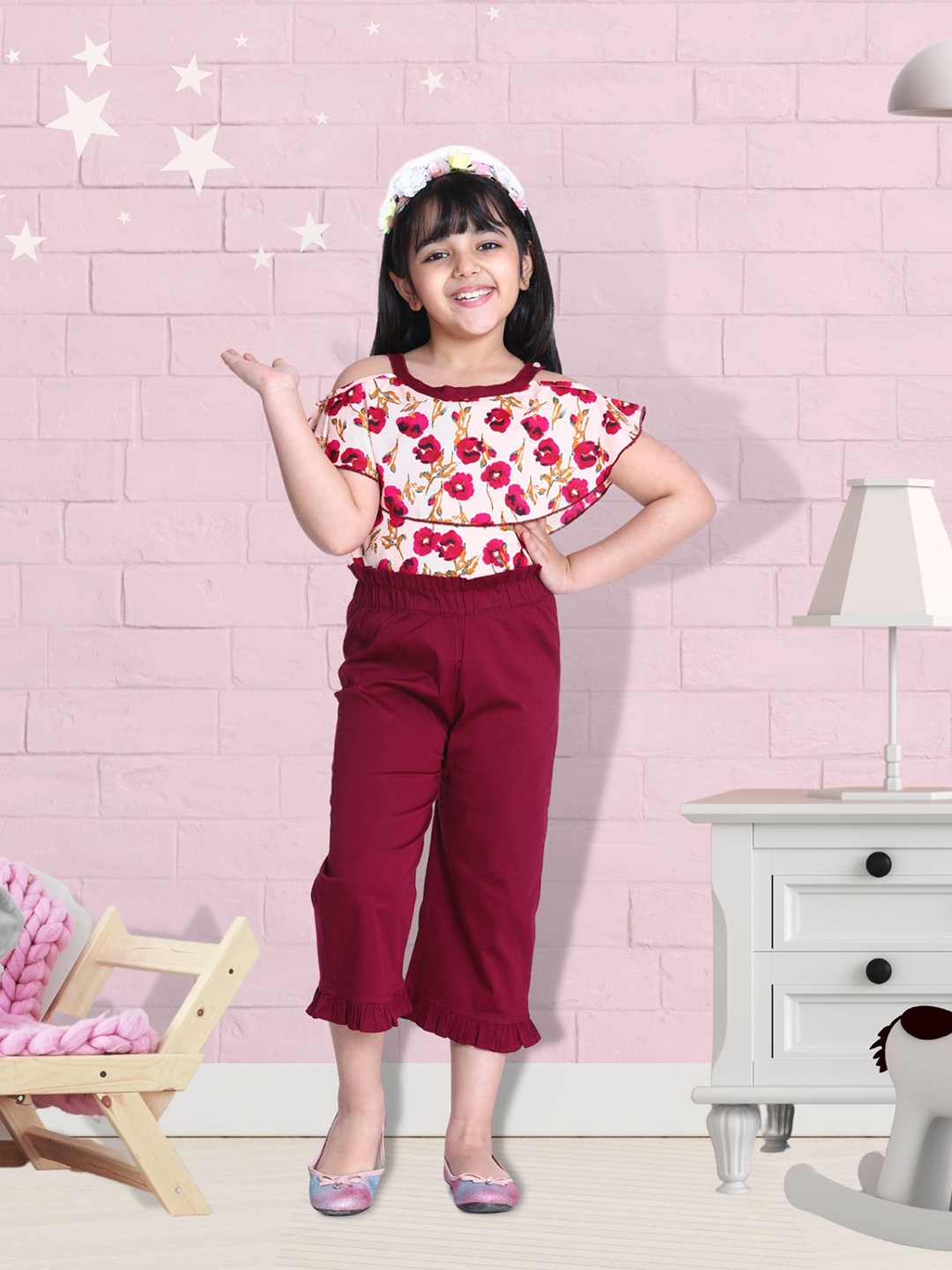 

Cutiekins Girls Cream & Wine Printed Cape Top & Capri Set