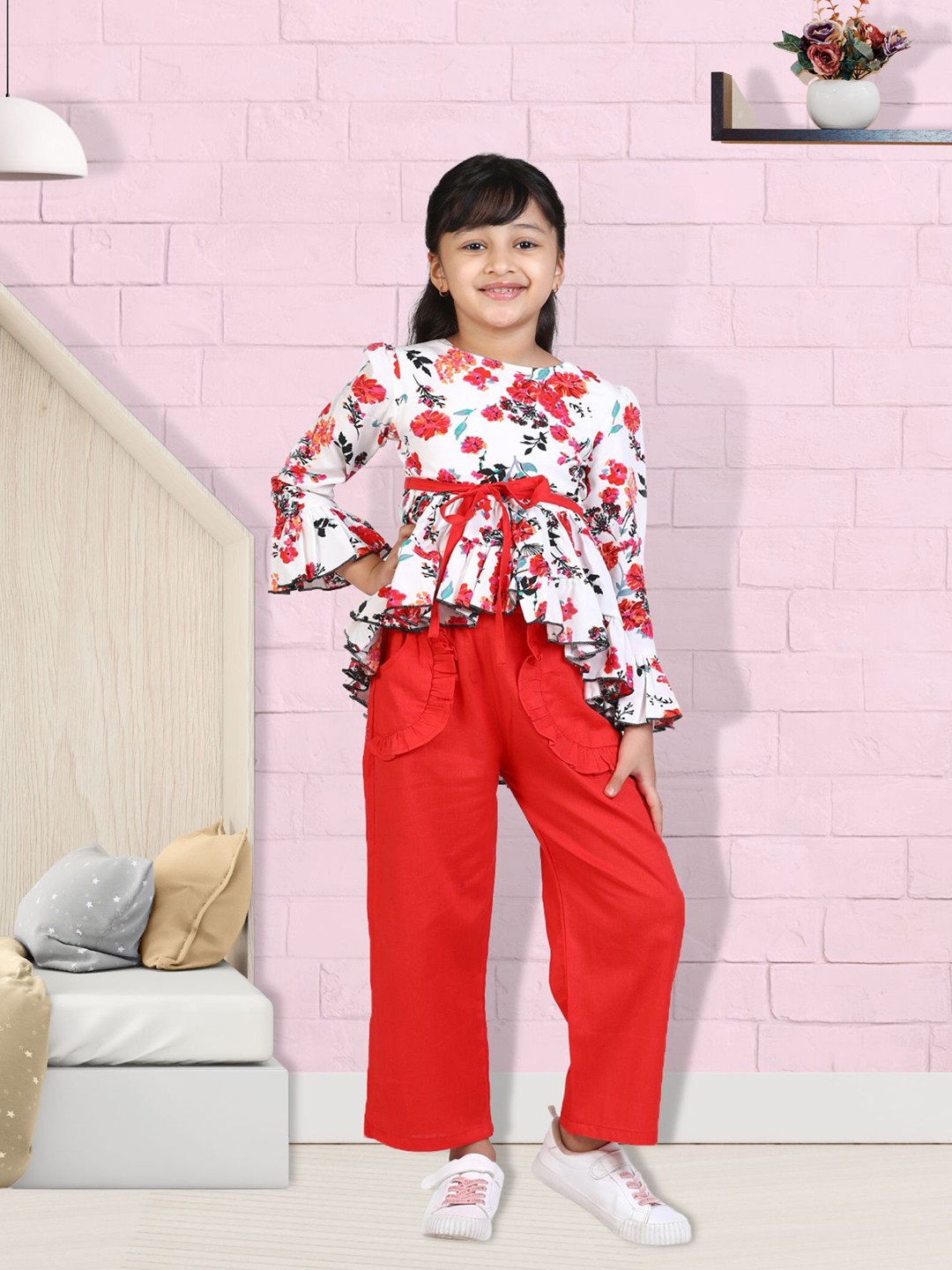 

Cutiekins Girls White & Red Printed High Low Top & Palazzos With Ruffles