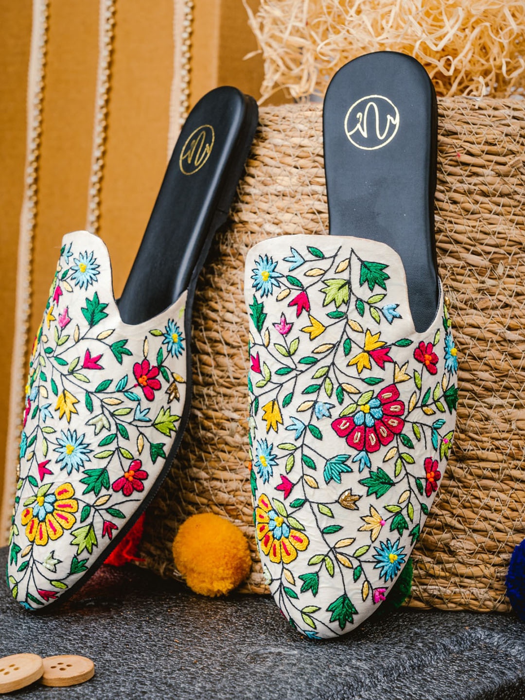 

NR By Nidhi Rathi Women Off White Floral Hand Embroidered Mule Flats