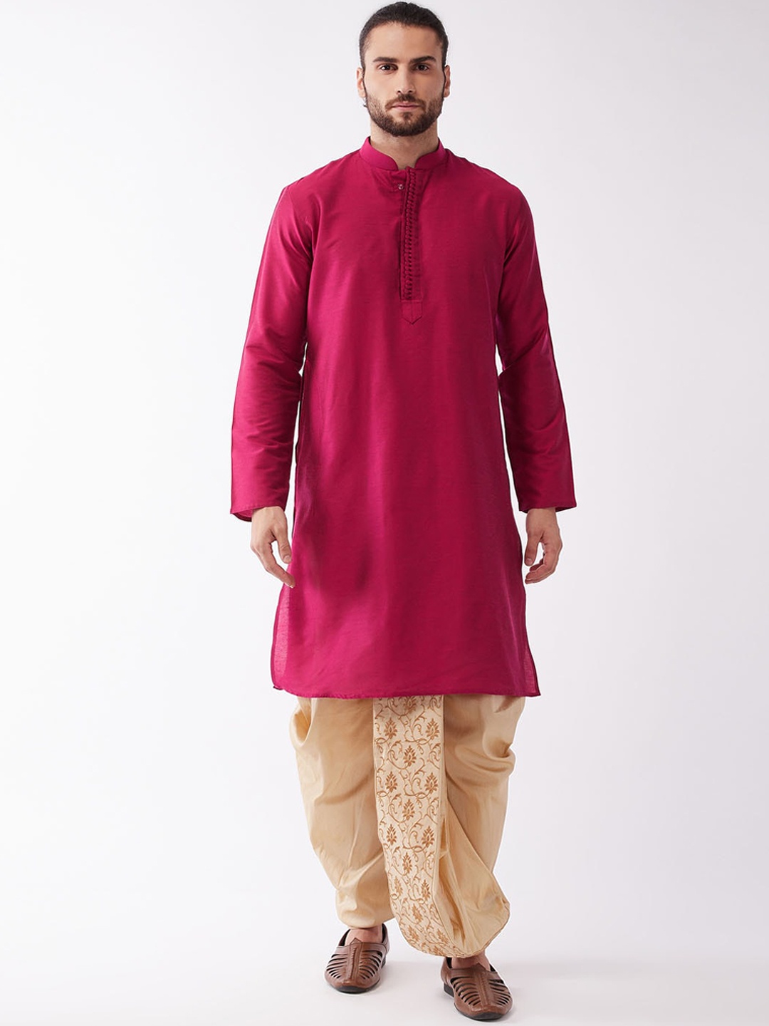 

VASTRAMAY Men Fuchsia Pink Regular Kurta with Dhoti Pants