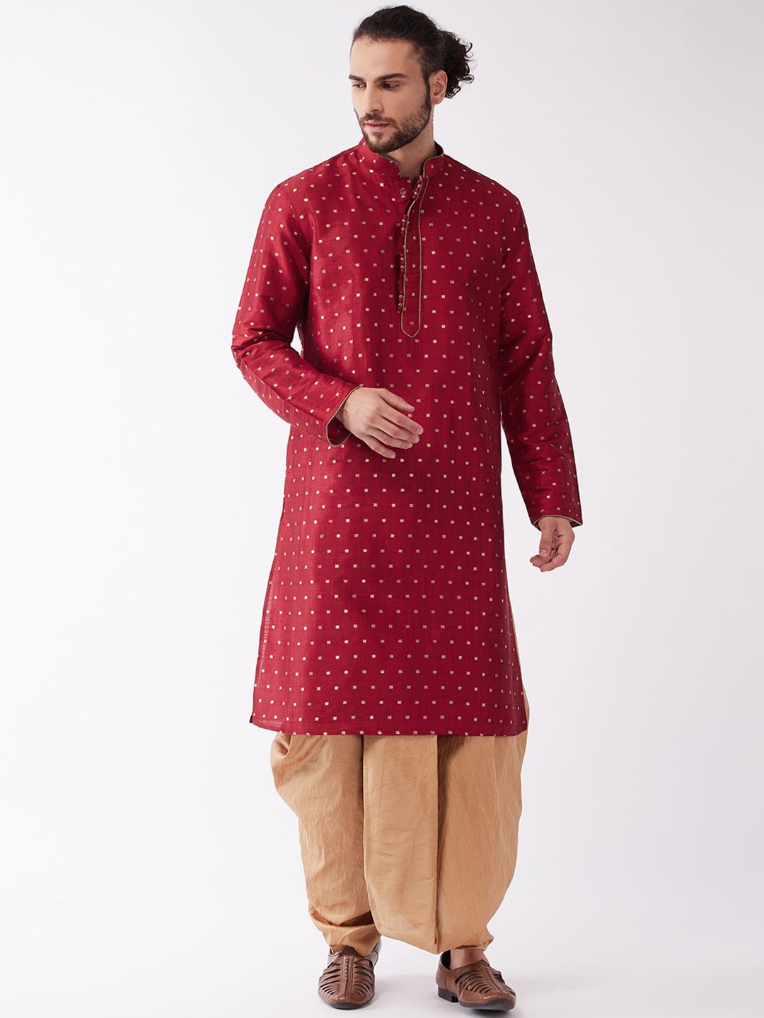 

VASTRAMAY Men Maroon Ethnic Motifs Printed Regular Kurta with Dhoti Pants