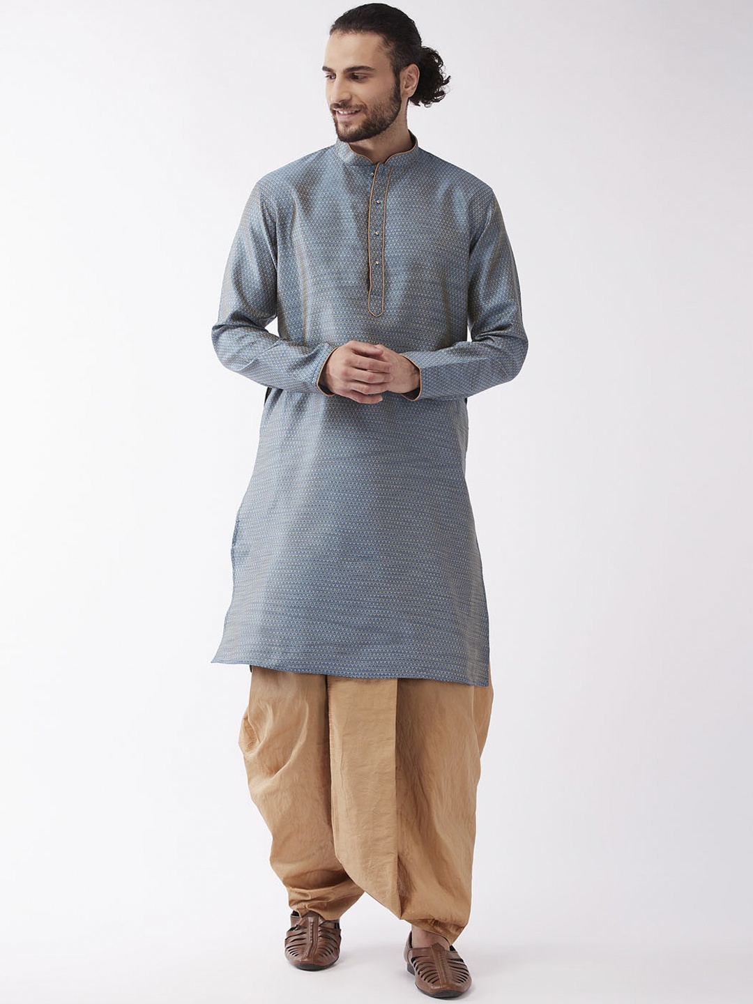 

VASTRAMAY Men Blue Layered Thread Work Kurta with Dhoti Pants