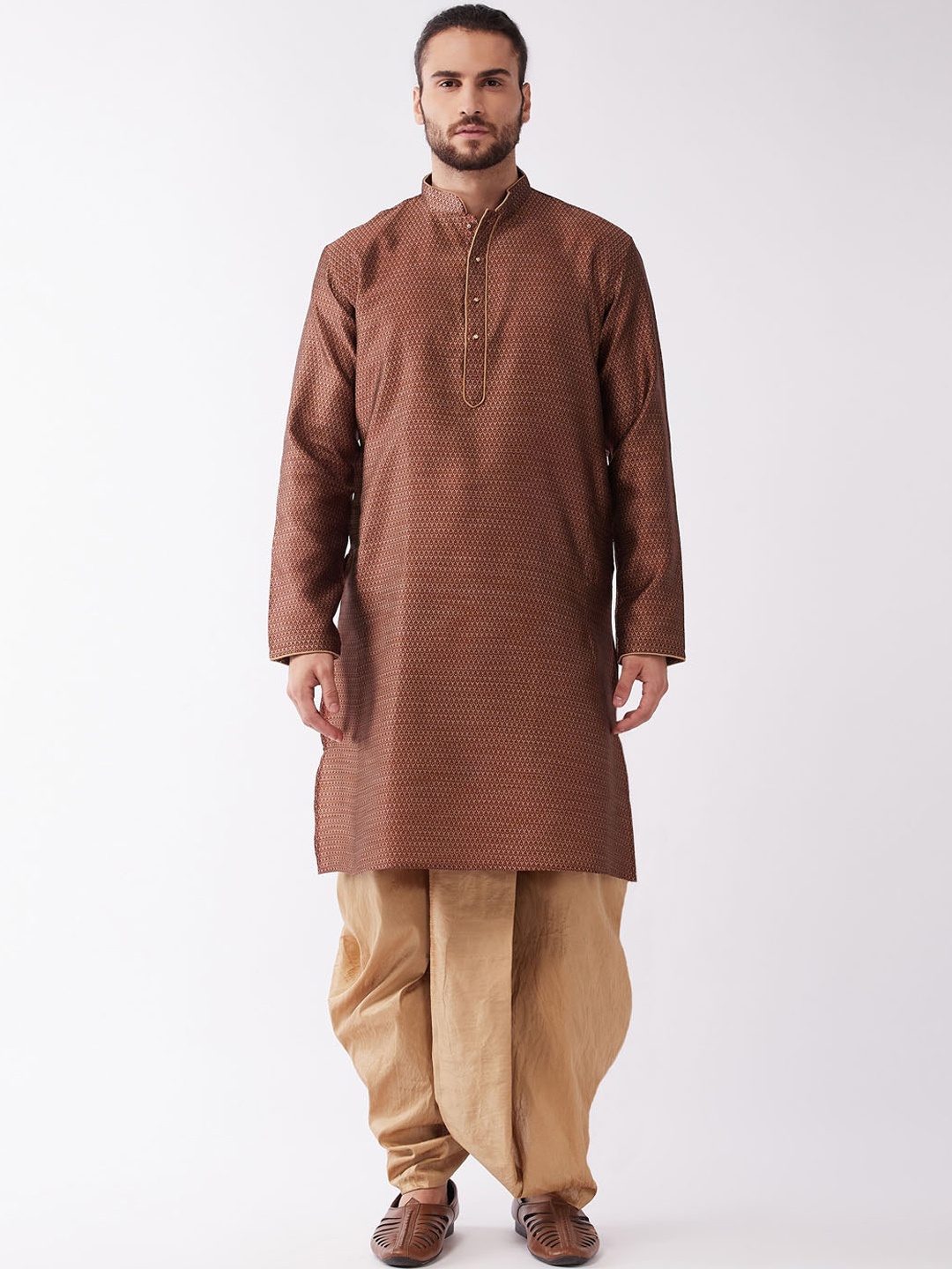 

VASTRAMAY Men Maroon Regular Thread Work Kurta with Dhoti Pants