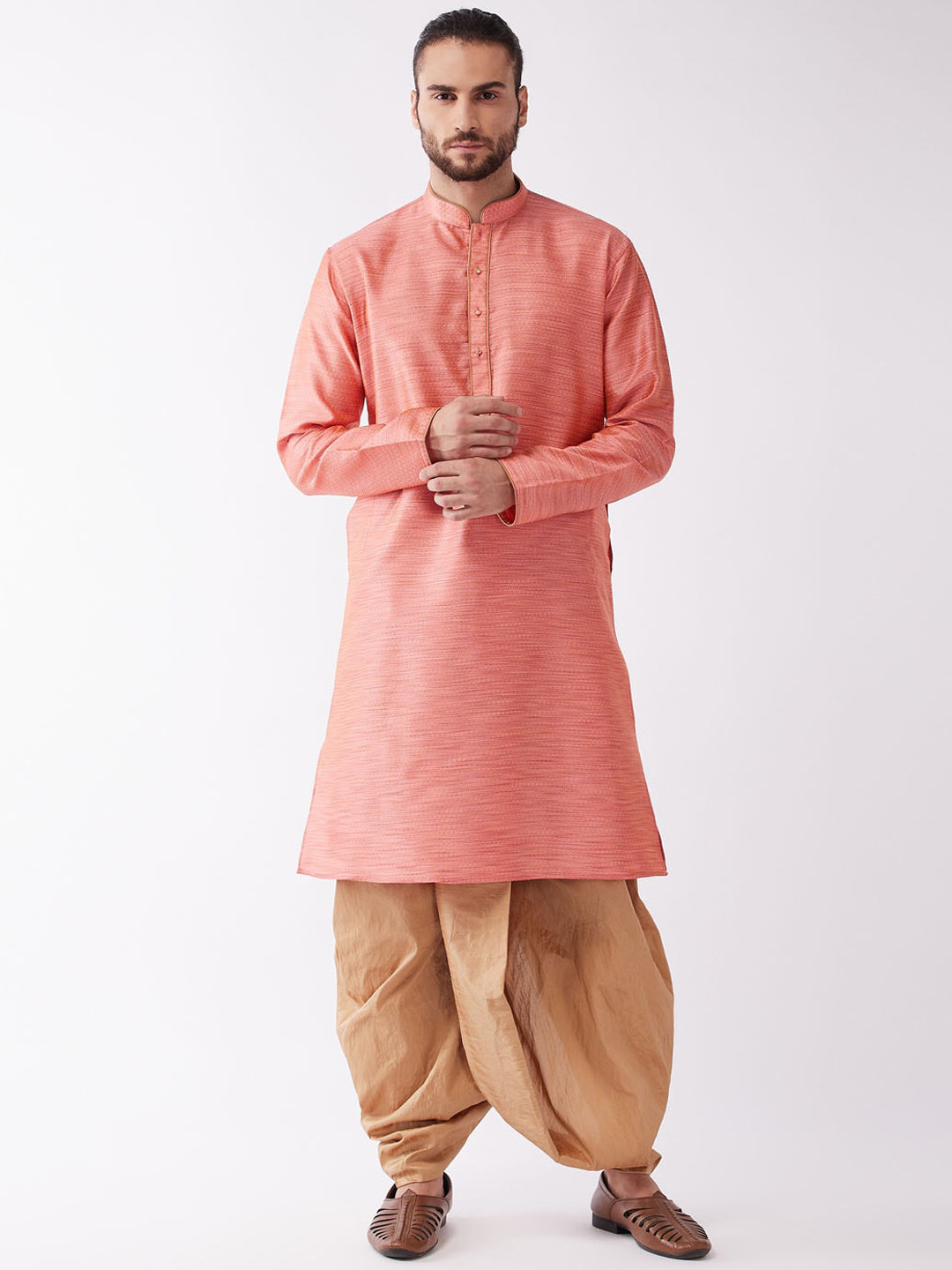 

VASTRAMAY Men Pink Solid A-Line Kurta with Dhoti Pants