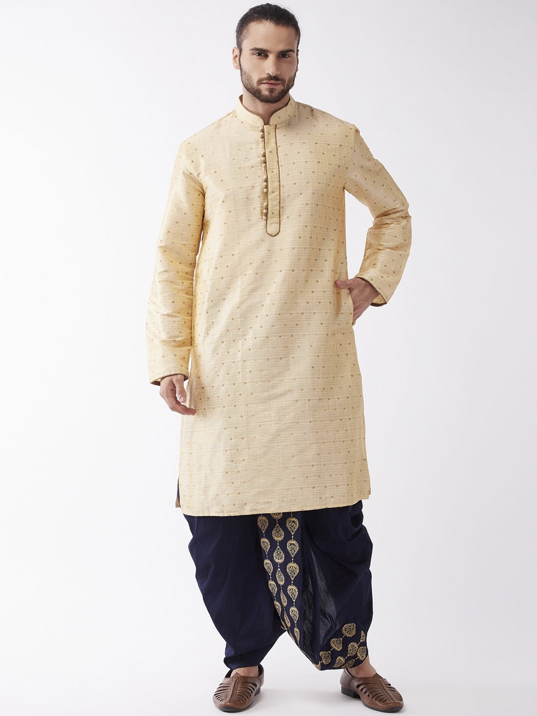 

VASTRAMAY Men Beige Regular Kurta with Dhoti Pants