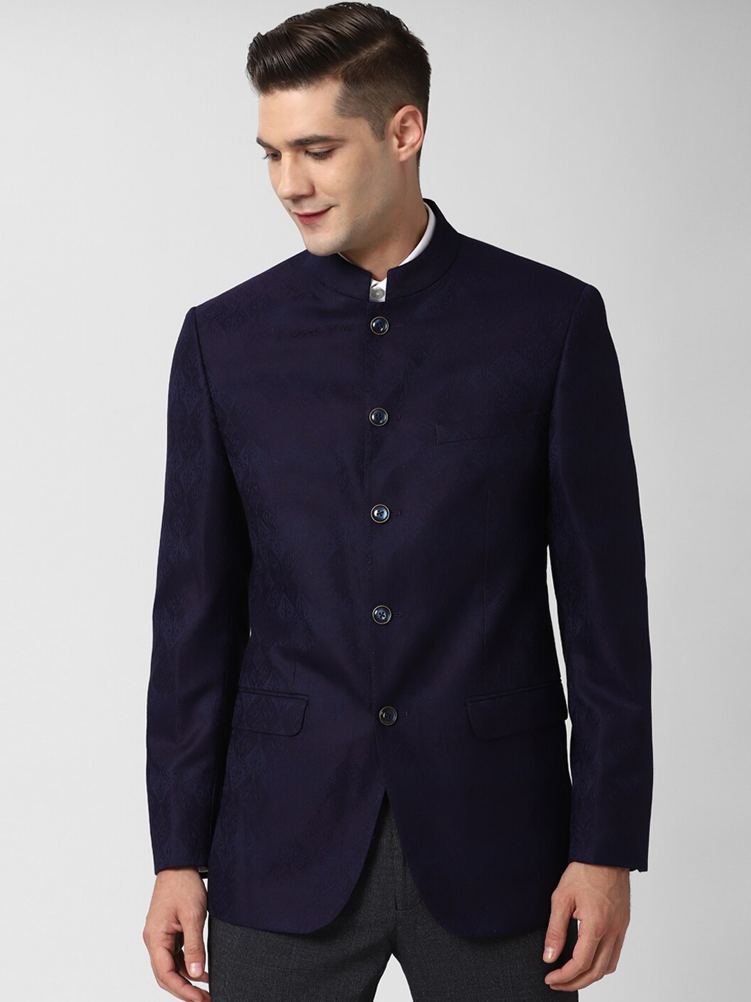

Peter England Elite Men Navy Blue Printed Bandhgala Blazer
