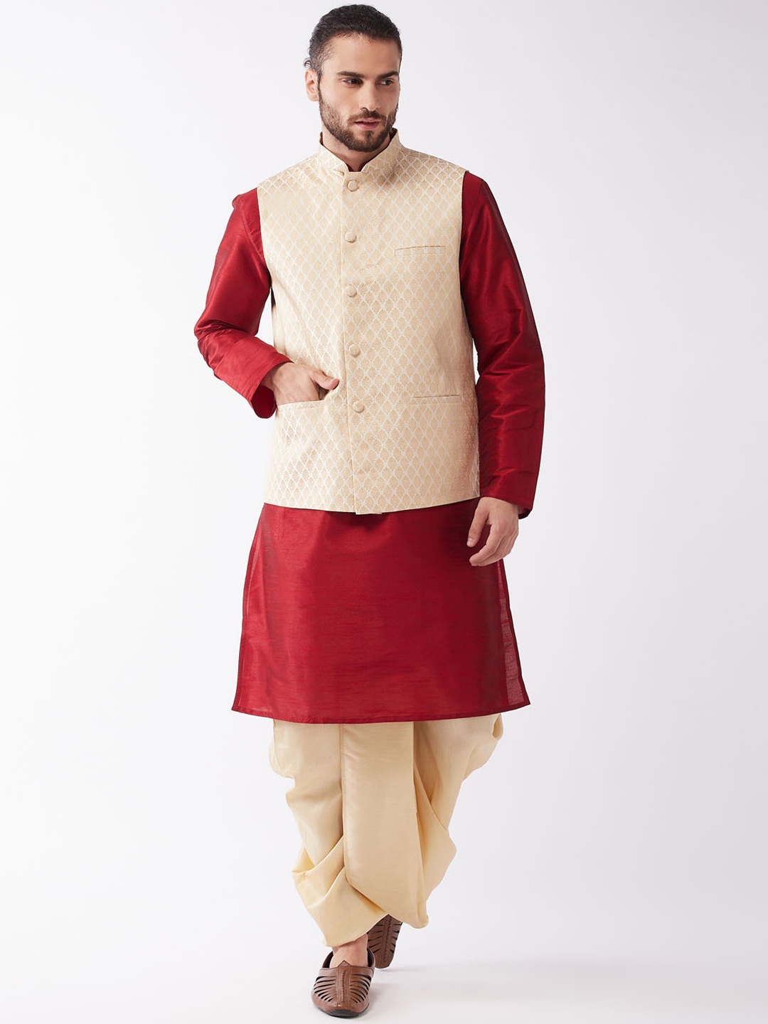 

VASTRAMAY Men Maroon Straight Kurta with Dhoti Pants